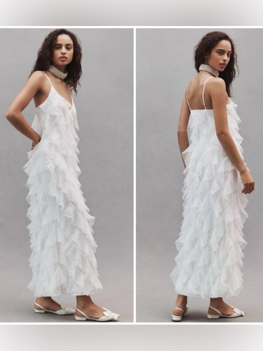 BHLDN Jia Bias-Cut Lace Ruffled V-Neck Gown White Bridal Slip Dress NWT 6 - Picture 3 of 16